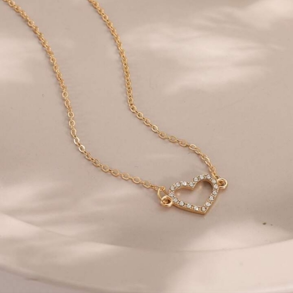 Gold Heart Pendant Necklace Crystal Rhinestone Delicate Dainty Minimalist